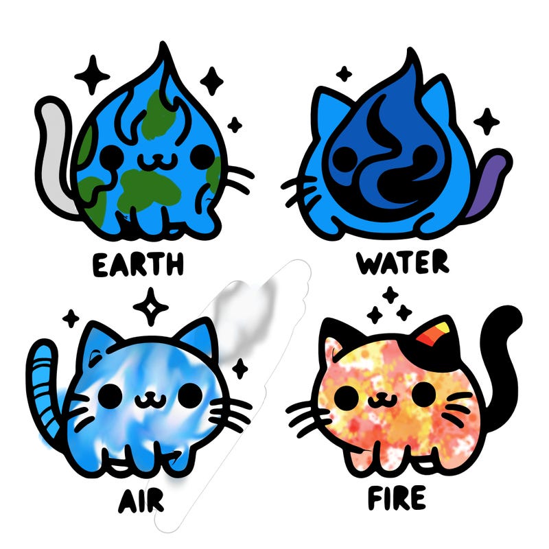4 cats that represent the different elements, earth, water, air, and fire
