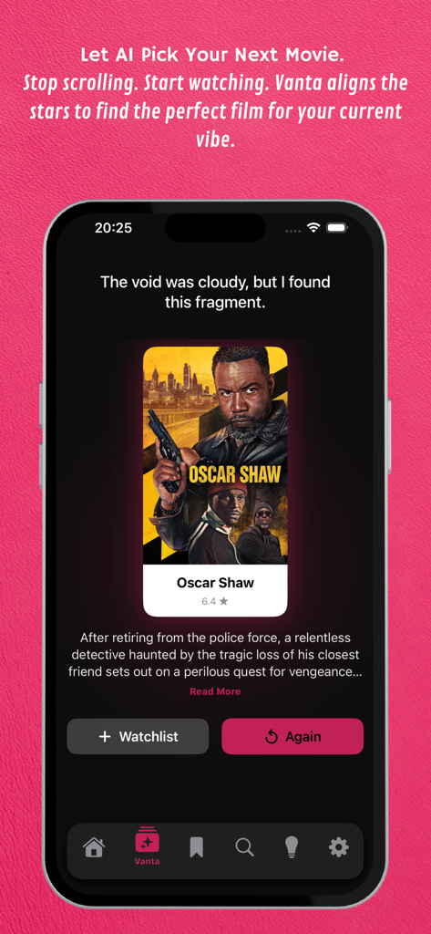 YesMovies : Vanta AI & movies - Smartphone screen displaying a movie suggestion from Vanta AI in the YesMovies app