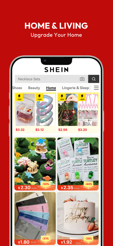 SHEIN mobile app interface displaying various home and living products with promotional discounts.