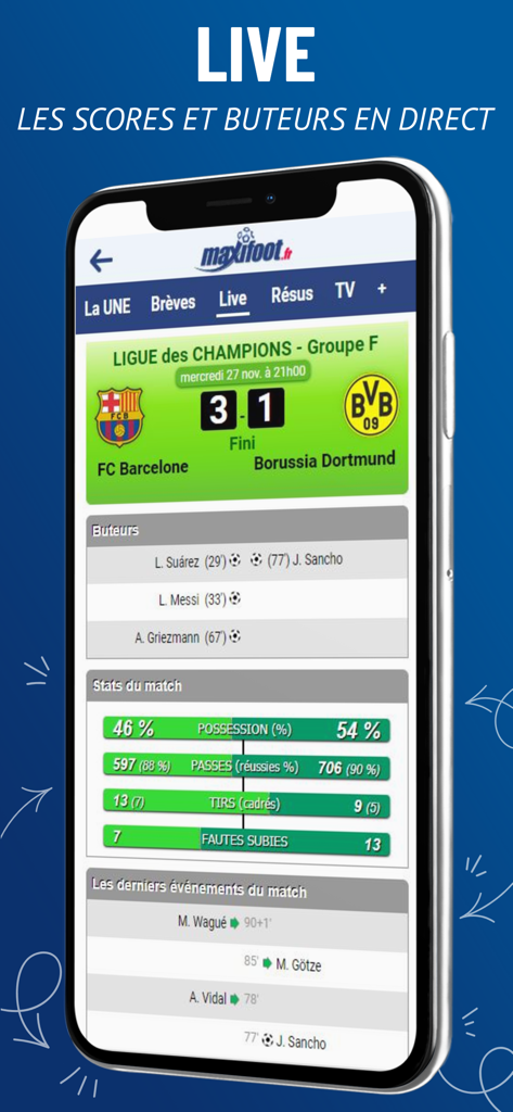 Mercato foot par Maxifoot - Live soccer match interface showing scores and statistics on the Maxifoot app