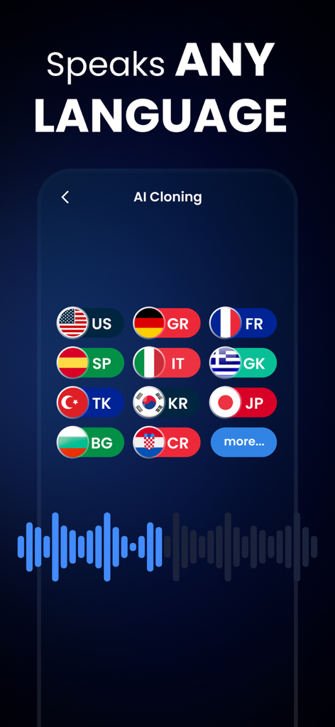 音声クローンのためにさまざまな言語を表すフラグのグリッドが表示されているClony AIアプリのインターフェース。