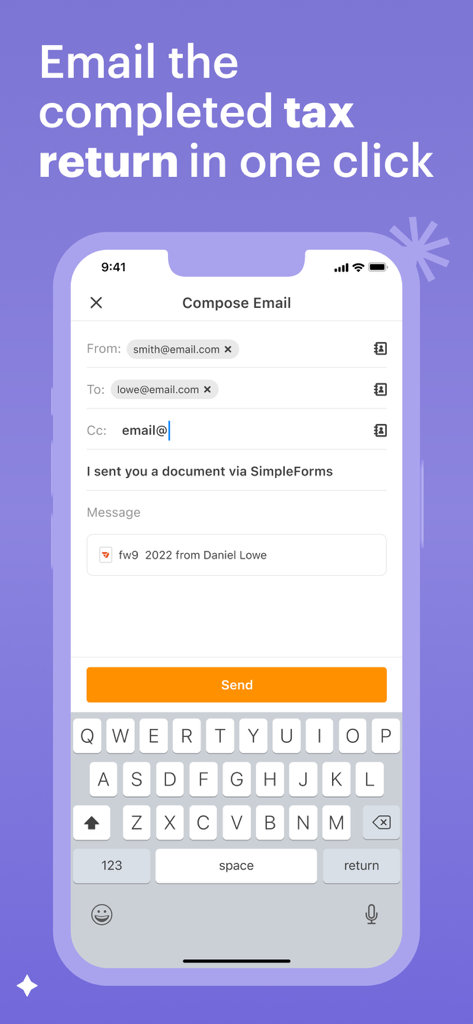 e-taxfiller: Edit PDF Forms - A screenshot showing the feature to email a completed tax return in one click from the etaxfiller app