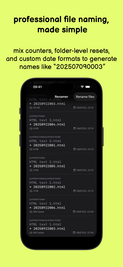Schermata dell'iPhone che mostra l'app Renamer che rinomina in batch i file con formati di data e contatore personalizzati.