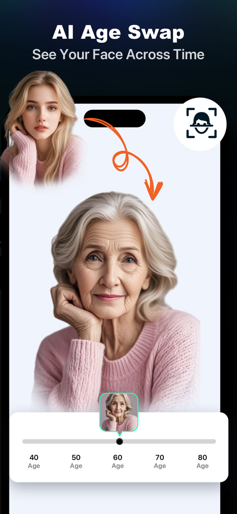 AI Morph & FaceLab - Interface of AI Morph app showing a woman face transformation from young to old with an age slider
