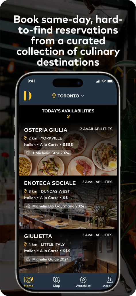 DINR app displaying same-day reservations for Michelin-starred restaurants in Toronto