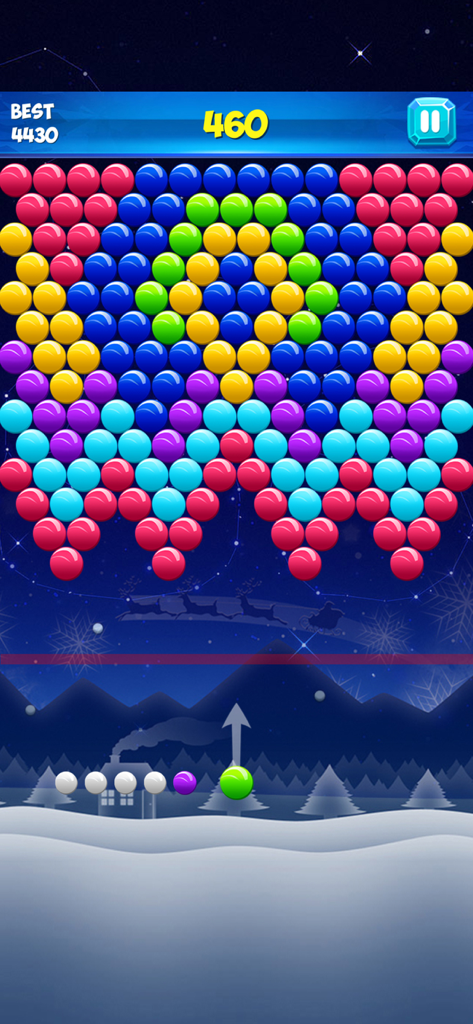 Bubble Shooter Classic Puzzles - Un nivel con temática invernal en Bubble Shooter Classic Puzzles que muestra burbujas de colores y un disparador.
