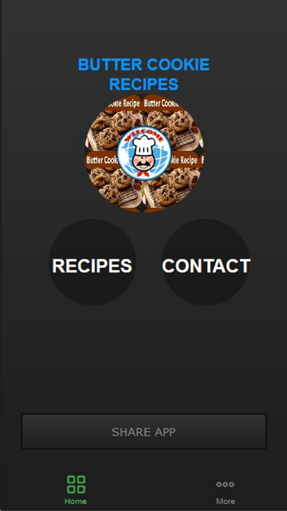 Butter Cookie Recipe - 버터 쿠키 레시피 앱 홈 화면에 레시피 및 연락처 정보 버튼이 표시됨
