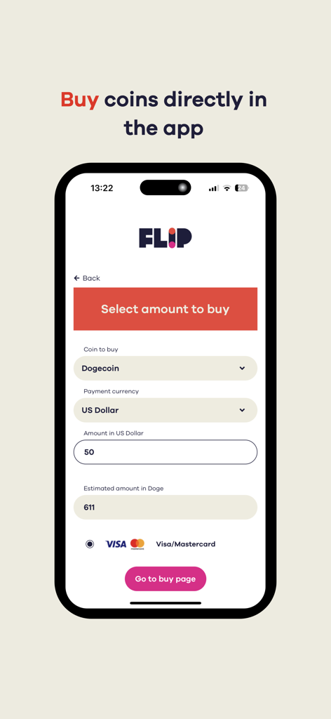 The Flip App - Interfaz de The Flip App que muestra la opción de comprar Dogecoin usando una tarjeta de crédito