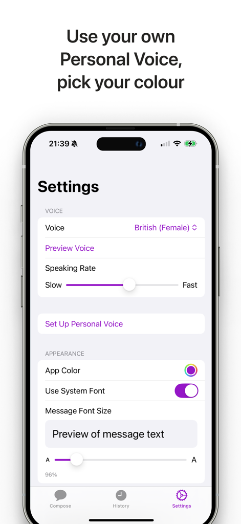 UnMute Me-Einstellungsbildschirm mit Optionen zur Auswahl der persönlichen Stimme und zur Anpassung des Erscheinungsbilds der App
