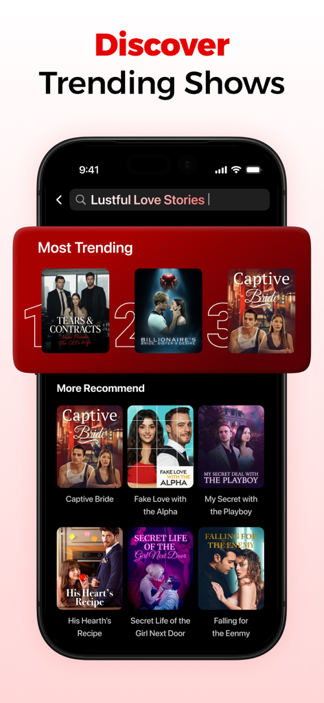 Mobile app interface of DramaTV showing a discovery screen for trending short drama series and romantic show recommendations