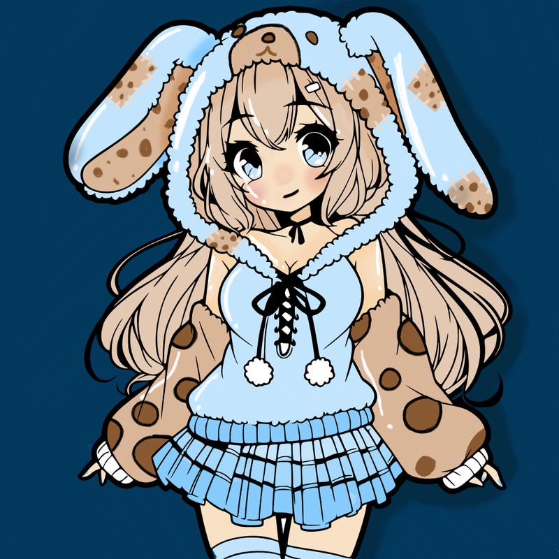 pretty anime girl wearing a fluffy hoodie with bunny ears on the hood and a skirt
