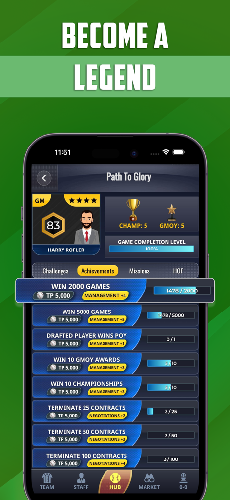 Screen showing general manager career achievements and milestones in Ultimate Pro Baseball GM