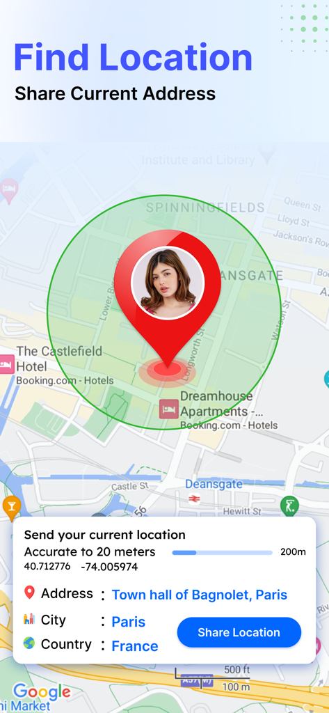 Live Mobile Number Location - App screen showing a person's GPS location on a map with a button to share the current address