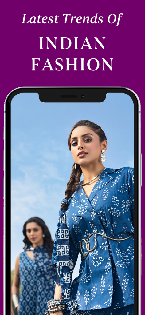 Libas - Fashion Shopping App - Libas App-Oberfläche, die die neuesten Trends der indischen Mode mit Frauen in blauen ethnischen Outfits zeigt