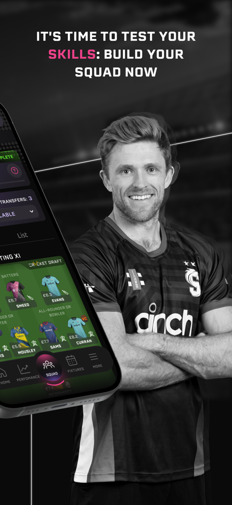 The Cricket Draft - Un écran mobile montrant l'interface de composition d'équipe de l'application The Cricket Draft avec les maillots et les valeurs de draft des joueurs de cricket.