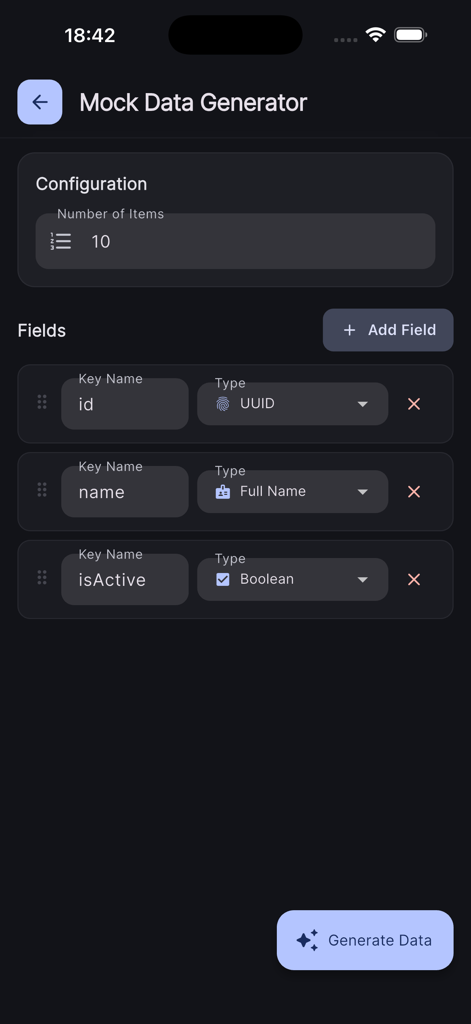 Mock Data Generator screen in the JSON Tools app allowing users to configure fields and generate test data.
