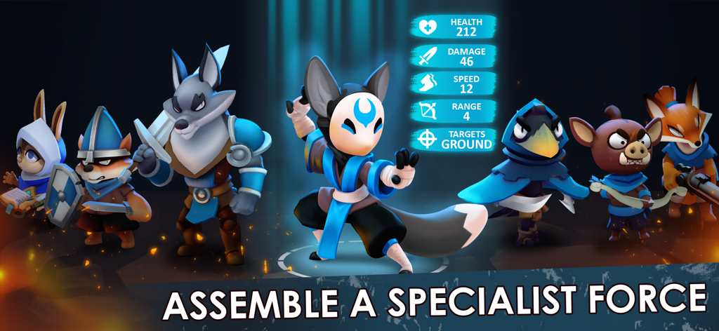 A group of animal characters from Wild Forest RTS showing combat statistics like health and damage