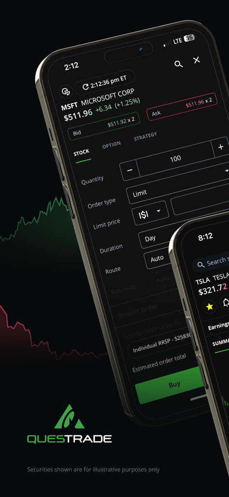 Questrade Edge Mobile app showing a stock order entry screen for Microsoft with bid and ask prices