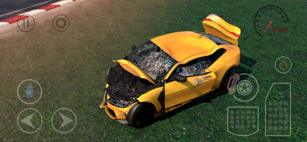 A yellow sports car with extensive damage in a realistic car crash simulation game