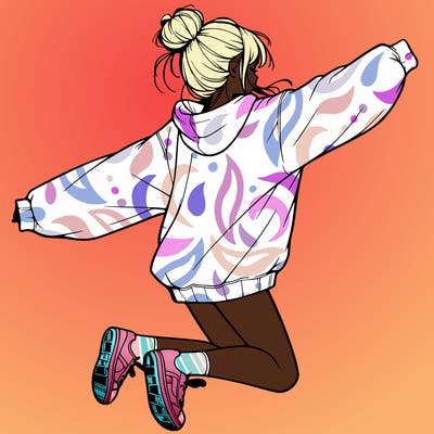 realistic girl jumping with a bun and oversized sweatshirt