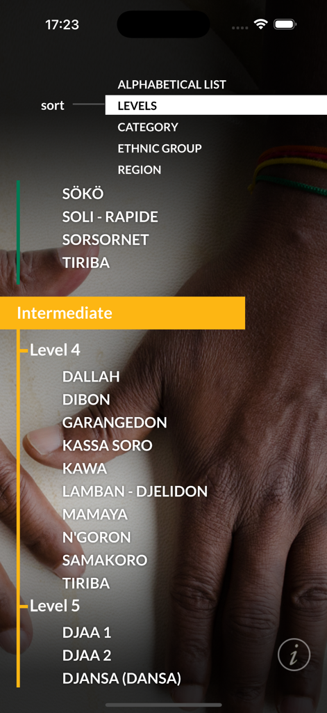 djembeföla! - A menu in the djembefola app showing drumming rhythms sorted by education levels