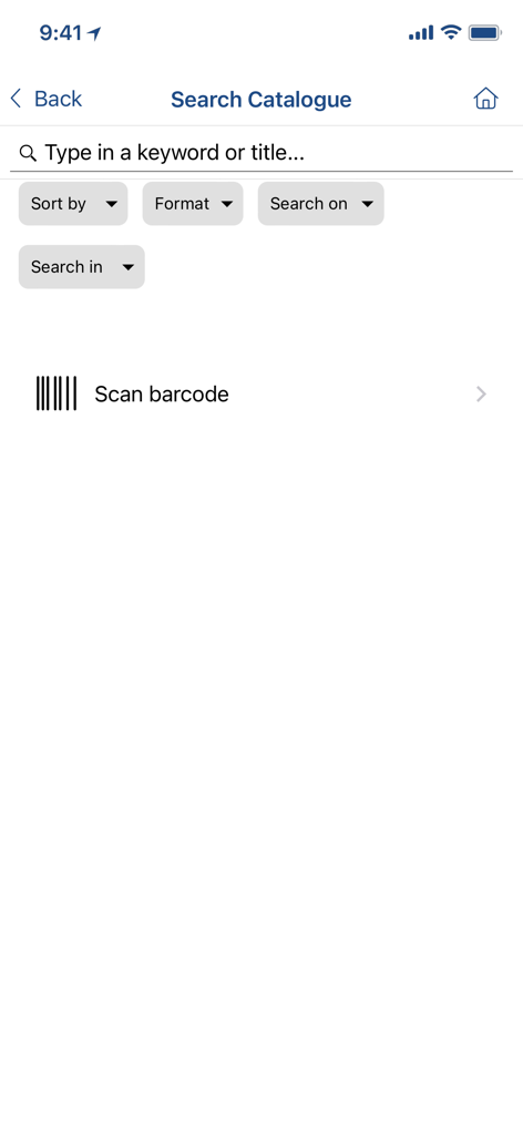 City of Parramatta Library - City of Parramatta Library app search catalogue screen with keyword search filters and scan barcode option