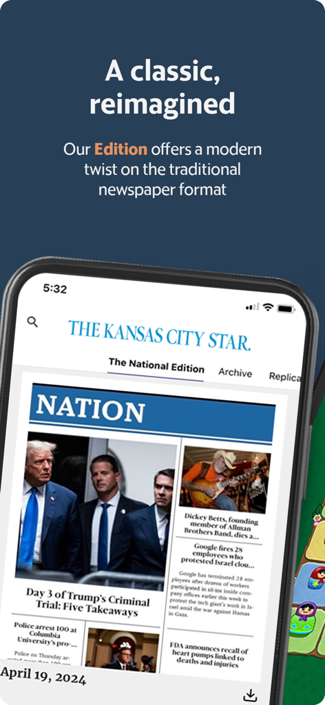Kansas City Star News app interface displaying the digital edition and national news headlines