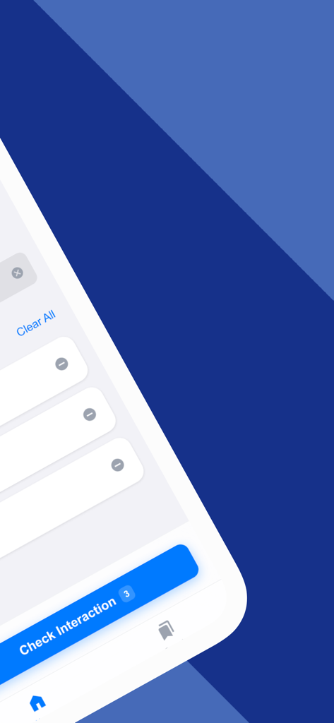 Med Interaction app interface showing a list of selected medications and a blue check interaction button