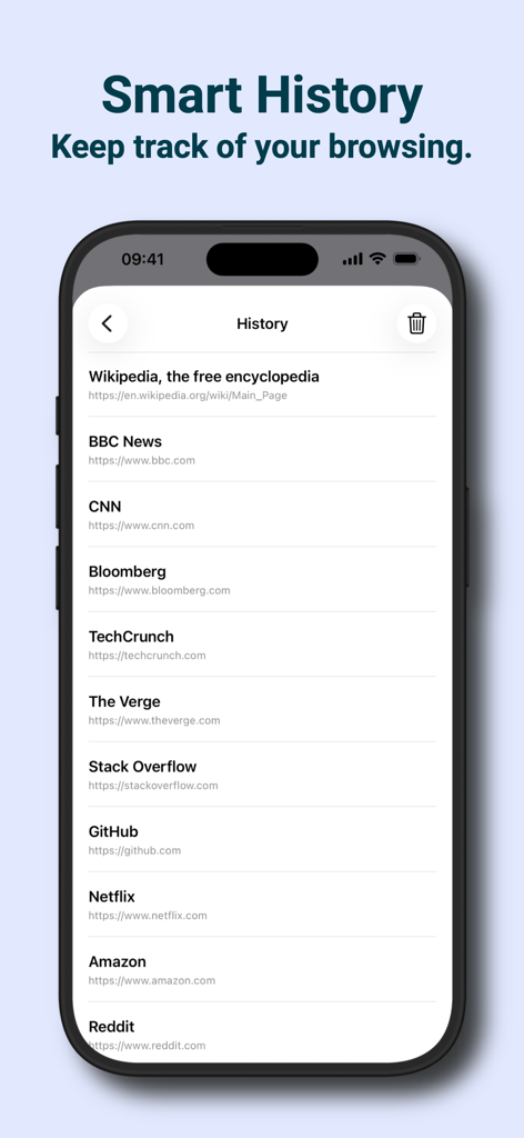 Split Screen Web Browser - Smart History screen of the Split Screen Web Browser app displaying a list of visited websites like Wikipedia and BBC News on an iPhone.