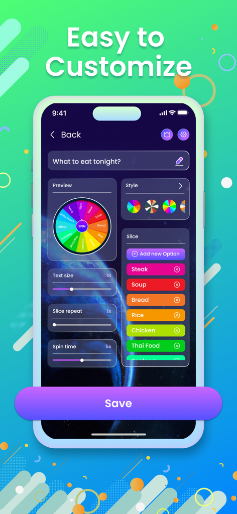 Interface de personnalisation d'une roue de décision dans l'application Spin the Wheel avec diverses options et couleurs