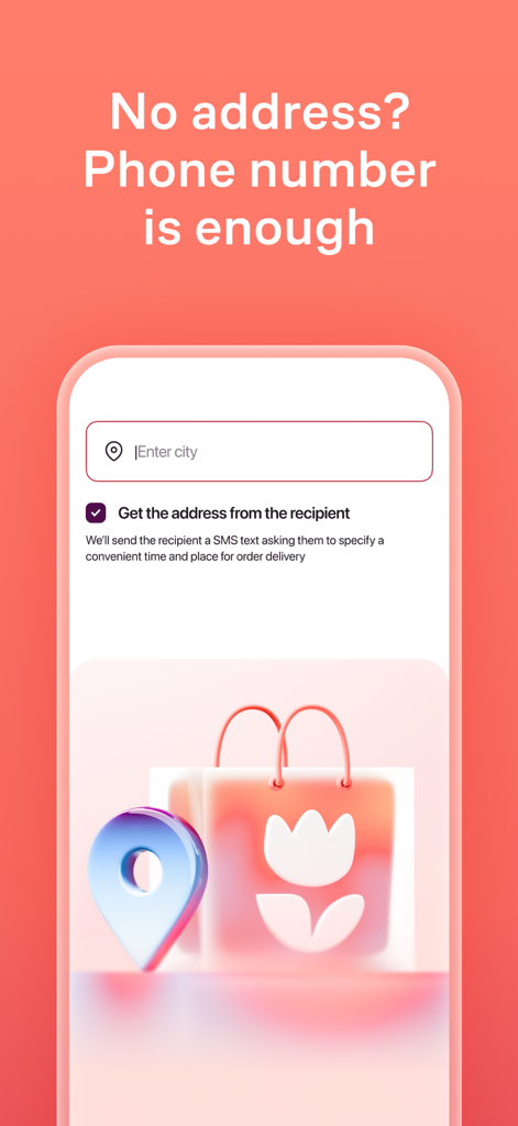 Flowwow: Shop Flowers & Gifts - Flowwow app screen explaining gift delivery via recipient phone number instead of address