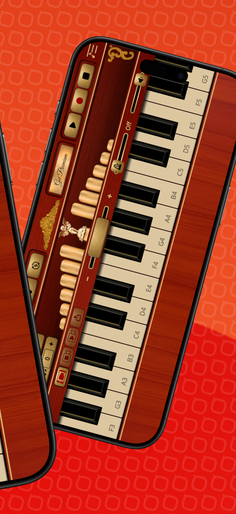 Street Organ - A digital street organ app interface featuring a wooden keyboard and vintage recording buttons on a smartphone.