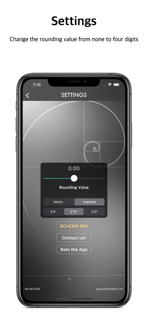 Slope Calculation Tool - A smartphone screen displaying the settings of the Slope Calculation Tool with options for rounding precision and metric or imperial units