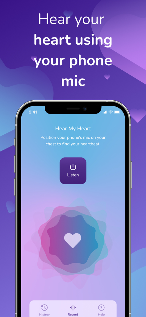 Hear my Heart Beat Monitor App - Una interfaz de aplicación móvil con un gran botón Escuchar e instrucciones para colocar el micrófono del teléfono en el pecho para escuchar los latidos del corazón.