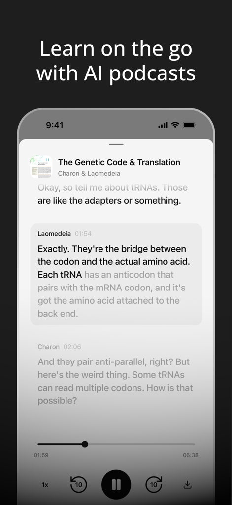 A smartphone interface showing the YouLearn app turning biology notes into an interactive AI podcast transcript for studying on the go.