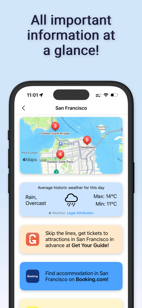 Make My Day: AI Trip Planner - Make My Day app screen showing a San Francisco itinerary with map pins weather forecast and booking links