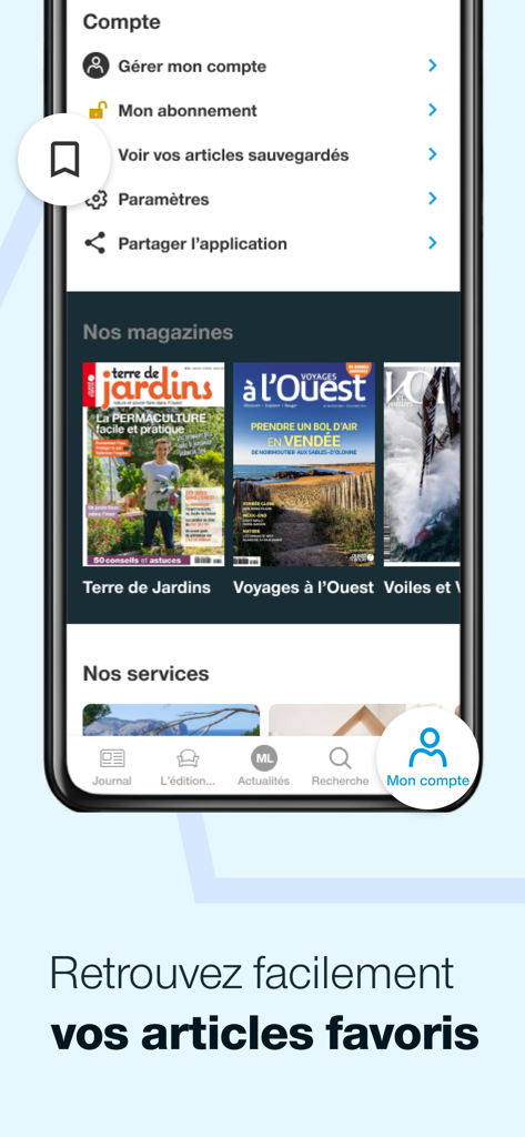 Tableau de bord du compte utilisateur de l'application Le Maine Libre affichant les paramètres du compte et une sélection de magazines locaux.