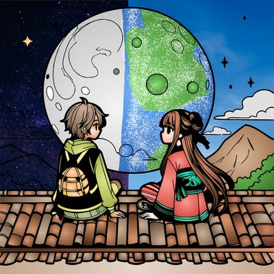 an anime girl sitting on a roof with her best friend looking at the beautiful big moon