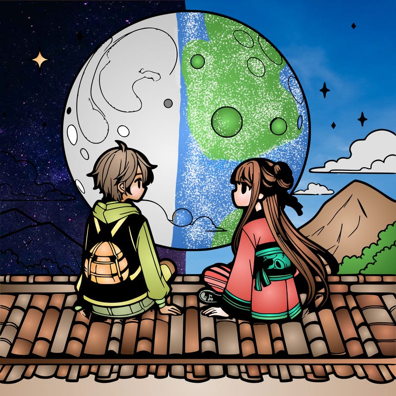 an anime girl sitting on a roof with her best friend looking at the beautiful big moon