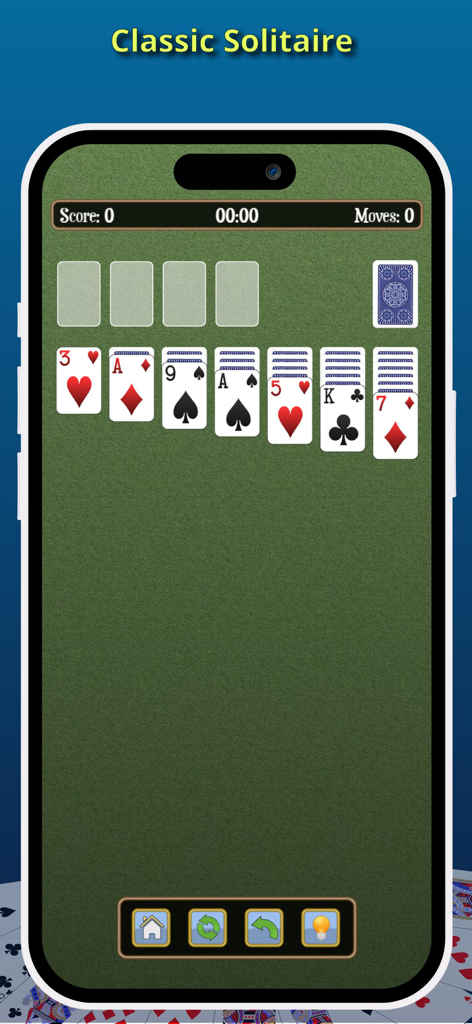 Solitaire [Card Game] - 緑色の背景のスマートフォンに表示されたクラシッククロンダイクソリティアゲームのインターフェース。