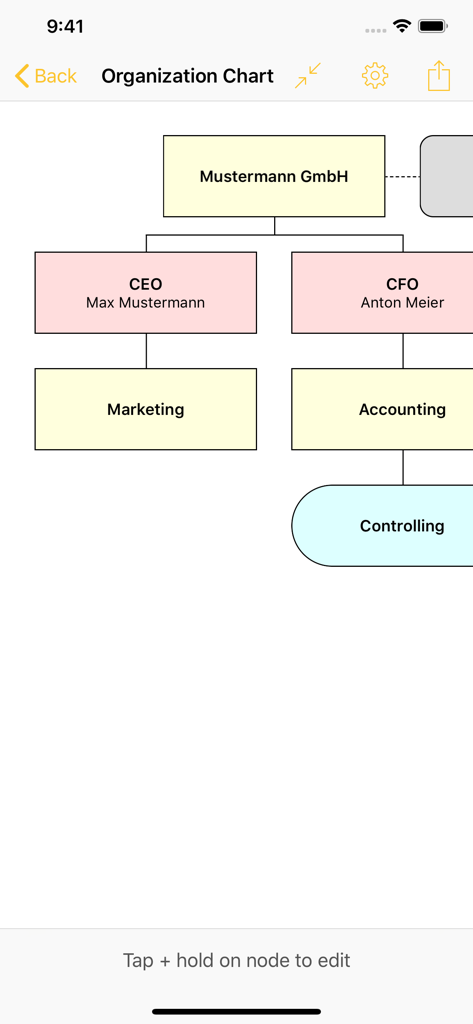 Company organization chart displaying hierarchy levels and departments