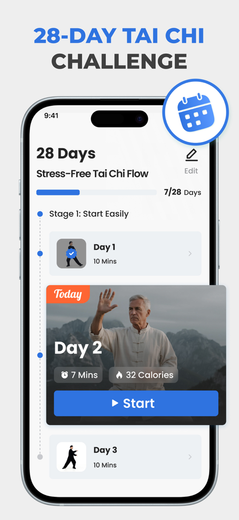 Mobile app screen showing a 28-day Tai Chi challenge for seniors with daily progress tracking and instructional videos