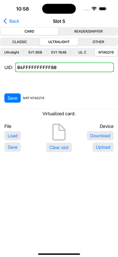 ChameleonTiny Manager - Interface of ChameleonTiny Manager showing the configuration screen for a virtualized RFID card slot
