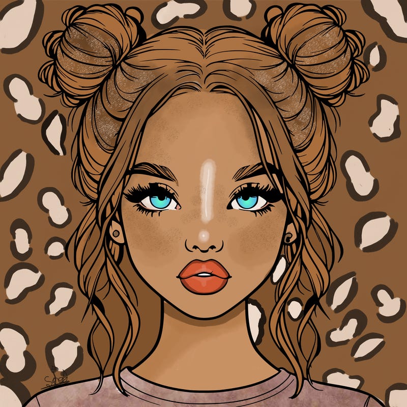 realistic girl with two buns in hair and lips