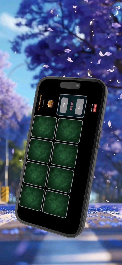 Live Drums Pad Pro - Interfaz de la aplicación móvil Live Drums Pad Pro con ocho pads verdes en la pantalla de un smartphone