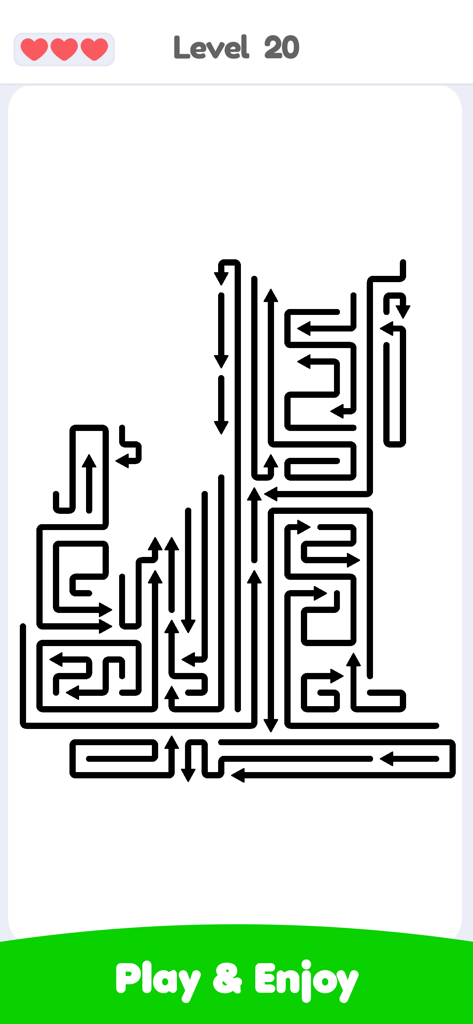 A minimalist logic puzzle level in Arrows Escape Puzzle showing a complex maze of black arrows on a white background