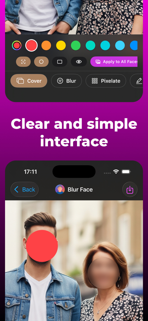 Blur Face - photo & video - Interface mostrando opções para cobrir, desfocar ou pixelizar rostos no aplicativo Blur Face