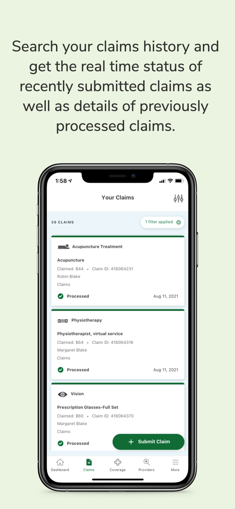 A mobile interface of the Student Health Portal app displaying a list of processed claims for acupuncture, physiotherapy, and vision.
