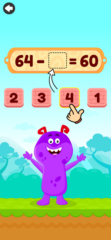A first grade subtraction game featuring a friendly purple monster and a fill in the blank math problem