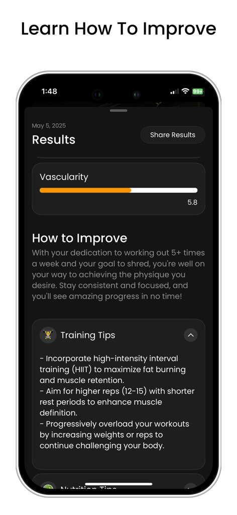 Rate My Physique - A mobile screen from the Rate My Physique app showing a vascularity score of 5.8 and personalized training tips for improving muscle definition and fat burning.